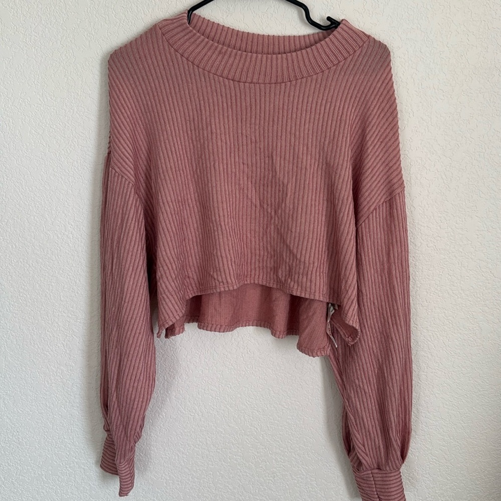 Free People Pink Ribbed Crop Pullover Sweater Medium Long Sleeve